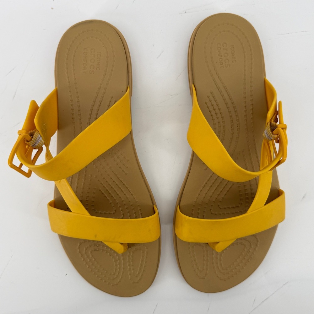 Crocs Tulum Toe Post Toe Sandal Yellow Tan Women 8 Strappy Slip On Flip Flop - Picture 4 of 9
